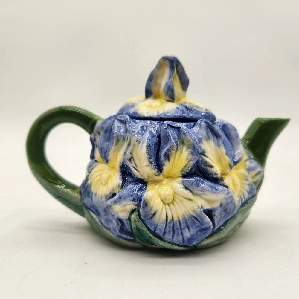 Papel Freelance Blue Yellow Iris Flower Miniature Teapot Hand Painted‎ Ceramic